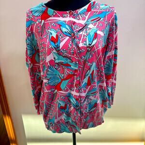 Talbots 2X Bird Button Up Cardigan pink and blue and white